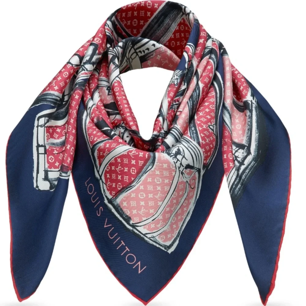 Louis Vuitton Scarf Trunks Luggage Monogram Blue Red Silk Wrap
